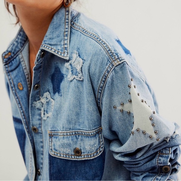Free People x One Teaspoon Everyday Classic Studded Star Shirt In Johnny Blue - Picture 2 of 12